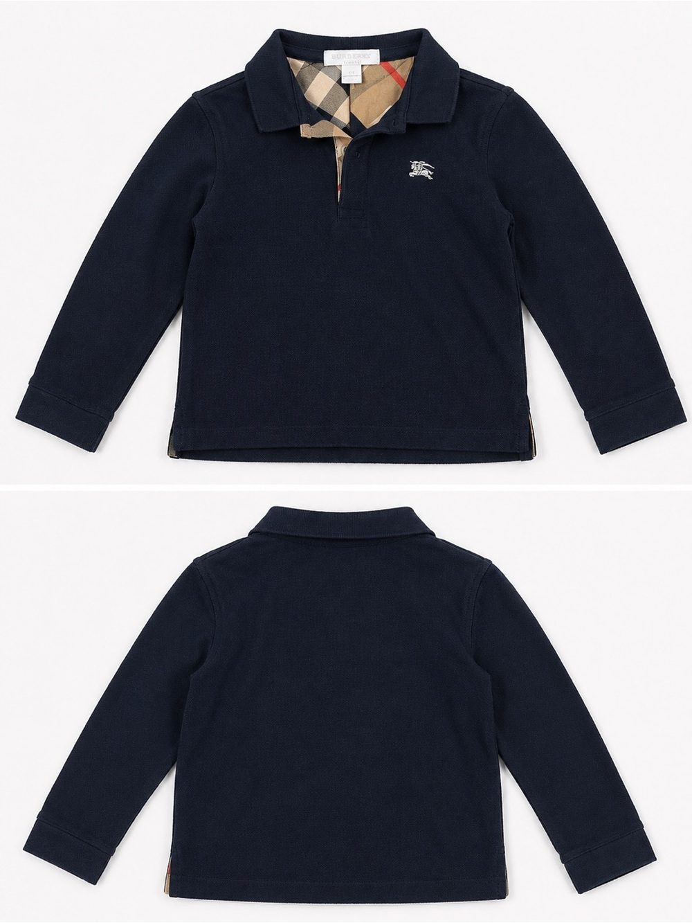 Burberry Navy Long-Sleeve Polo with Iconic Check Collar